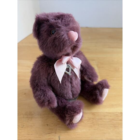Brighton Plush Teddy Bear Heartley Heart Charm & Heart Nose Purple Pink Bow 6" - Picture 1 of 4